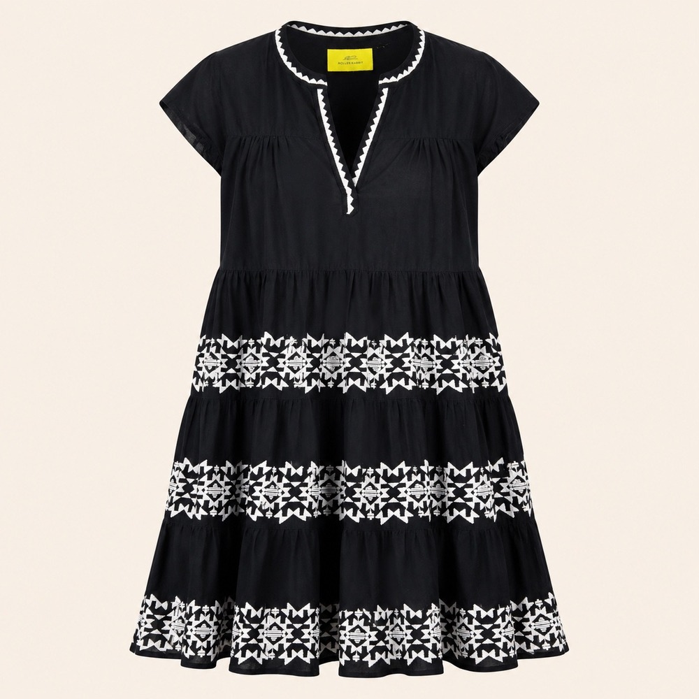 Roller Rabbit Pamela Dress M Black Embroidered Cotton Tiered Boho Resort Artisan